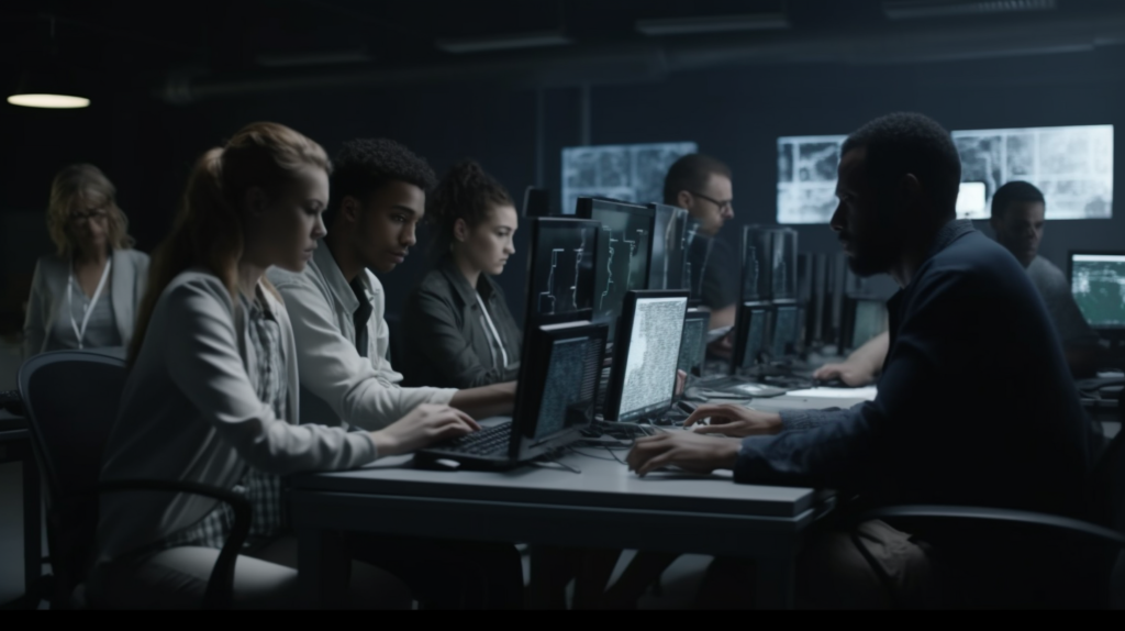 A group of people with different ethnicity working with laptop, screens, on semantic analysis using artificial intelligence, photorealistic, ultra detailed, volumetric light, unreal engine,